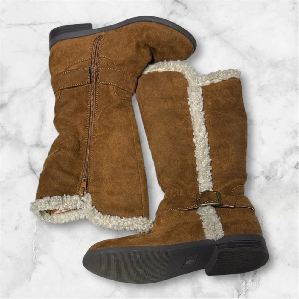 Brown Suede Shearling-trim tall Boots faux suede leather girl sz 1